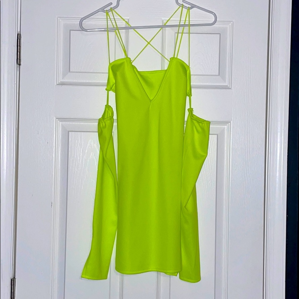 Neon green long sleeve cross back dress